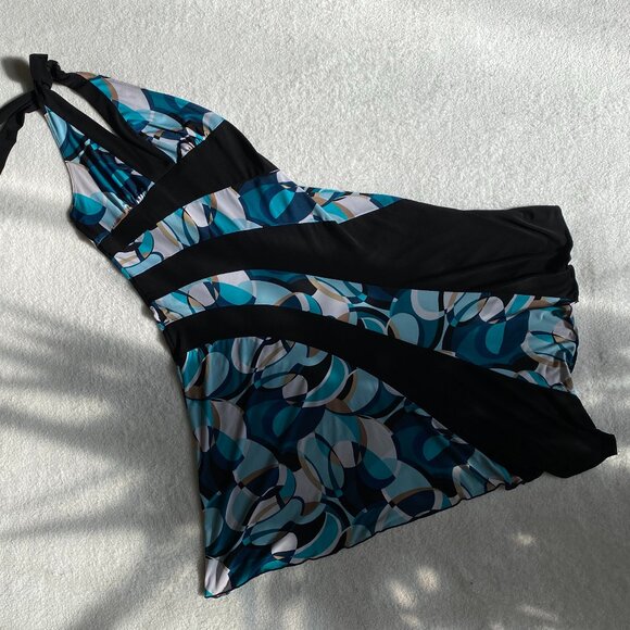 Women's Colorblock Geometric Turquoise, Black, and Tan Halter Top Dress M - Picture 2 of 15